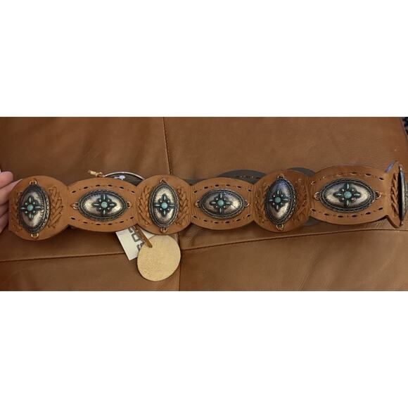 NWT Chicos Western Wow Slouch Belt Concho Tortoise Medallian Belt Brown FLAW - Picture 2 of 5
